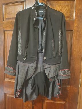 Insight Black Tailcoat Blazer with Gray Plaid Panels and Red Piping